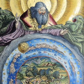 Bunte historische Illustration von 1534 bärtiger Mann mit Weltkugel
