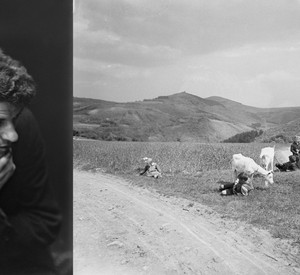 Zwei Fotos nebeneinander: Foto vom Fotografen Heinrich Pieroth und Foto hügelige Landschaft mit Kindern, Ziegen und einer Frau