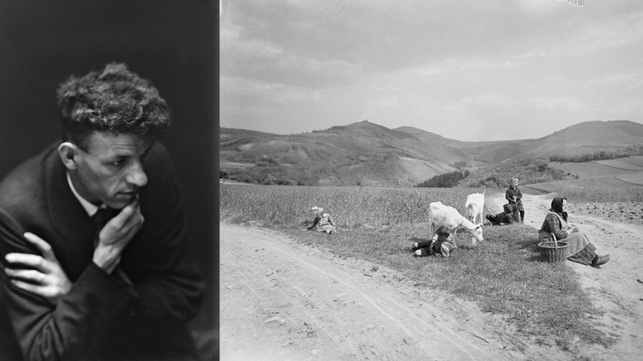 Zwei Fotos nebeneinander: Foto vom Fotografen Heinrich Pieroth und Foto hügelige Landschaft mit Kindern, Ziegen und einer Frau