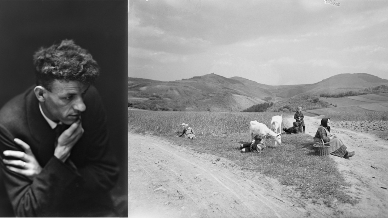 Zwei Fotos nebeneinander: Foto vom Fotografen Heinrich Pieroth und Foto hügelige Landschaft mit Kindern, Ziegen und einer Frau