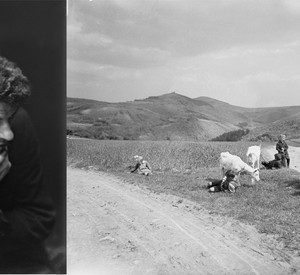 Zwei Fotos nebeneinander: Foto vom Fotografen Heinrich Pieroth und Foto hügelige Landschaft mit Kindern, Ziegen und einer Frau