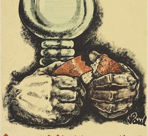 Werbeplakat für Wein aus dem Jahr 1935. Abgebildet ist ein Glas Wein und zwei Hände, darunter steht "Wein ist Volksgetränk"