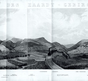 Landschaft mit Gebirge und einer Eisenbahn