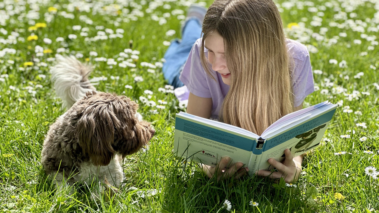 Lachendes blondes Mädchen liegt neben Hund auf der Wiese und hält ein Buch in den Händen