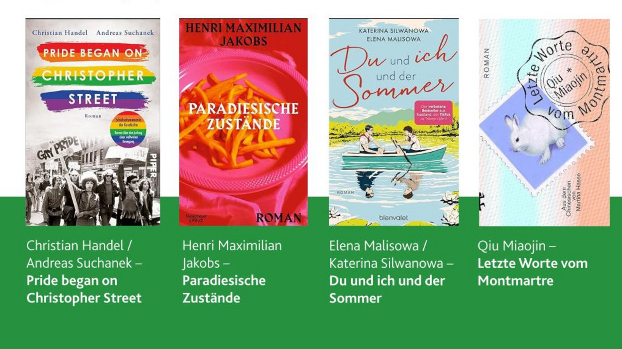 Zusammenstellung der Buchcover, der vier Bücher, die in diesem Jahr bei Queergelesen besprochen werden. Darüber der Titel der Veranstaltung "Que(e)rgelesen 2024"