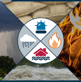 Symbole für Regen, Hochwasser, Feuer und Katastrophe im Kreis angeordnet