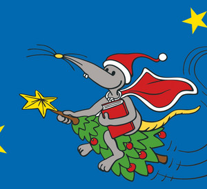 Im Comicstil gezeichnete Ratte mit Nikolausmütze und Buch reitet auf Weihnachtsbaum unter funkelnden Sternen