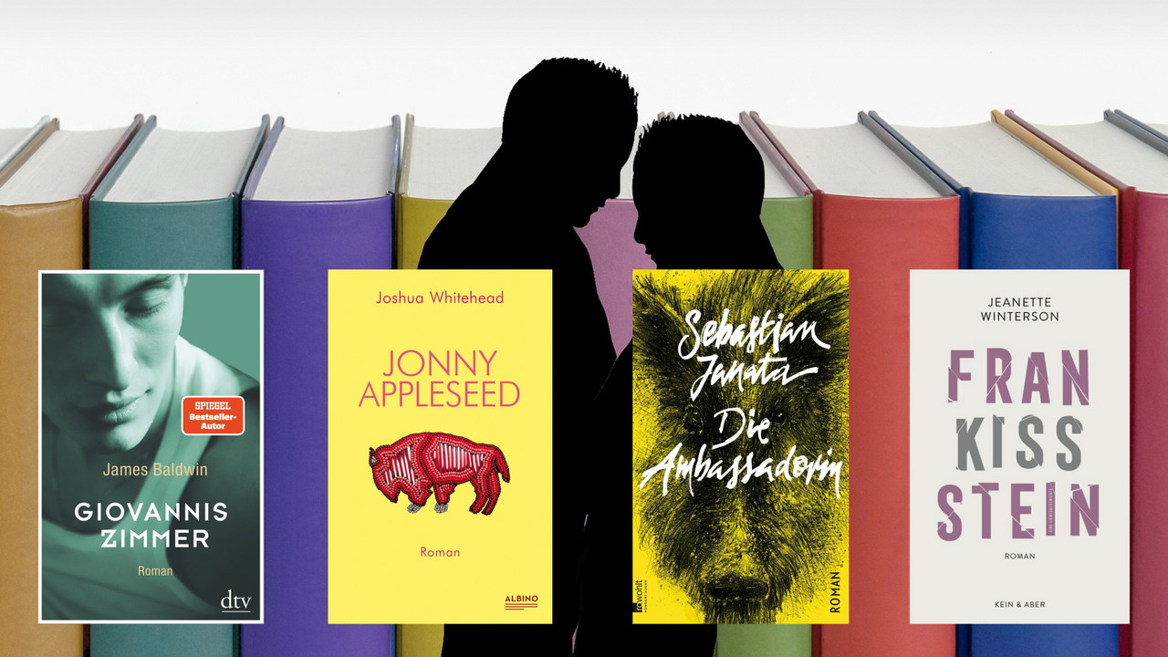 Titelbilder der vorgestellten Bücher vor Regenbogenbüchern