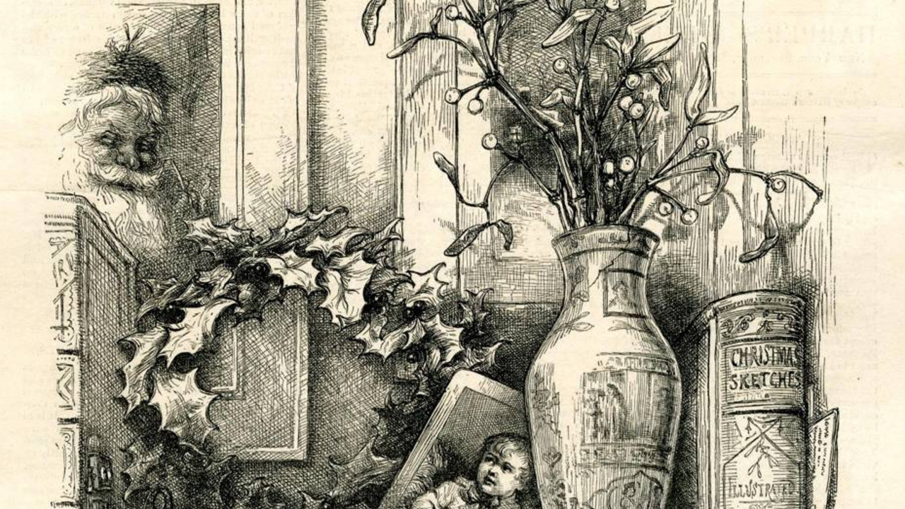 Zeichnung Weihnachtsmann mit Stechpalmen-Kranz, Mistelzweig in Vasen und Buch