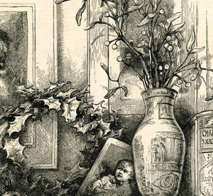 Zeichnung Weihnachtsmann mit Stechpalmen-Kranz, Mistelzweig in Vasen und Buch