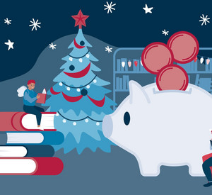 Bücherstapel, Weihnachtsbaum, Sparschwein und lesende Kinder