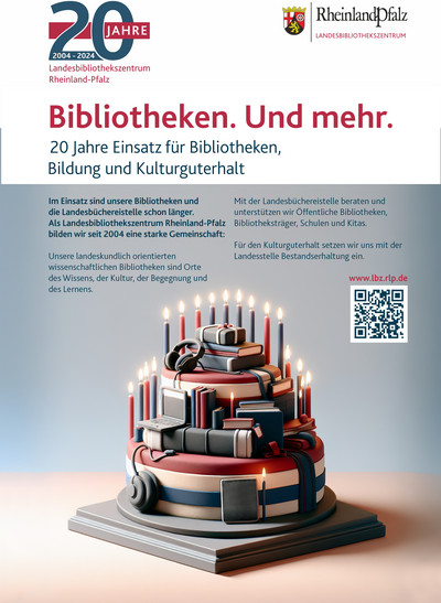 Graphische Darstellung einer Torte aus Büchern und Medien mit 20 Kerzen