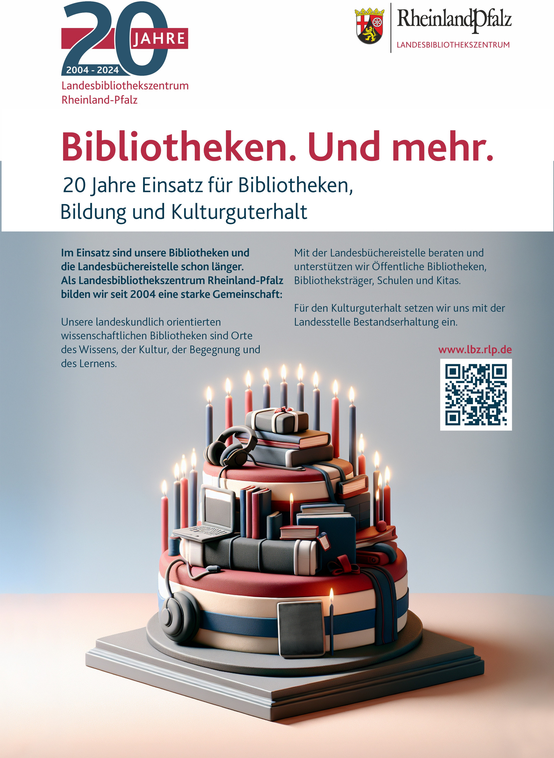 Graphische Darstellung einer Torte aus Büchern und Medien mit 20 Kerzen