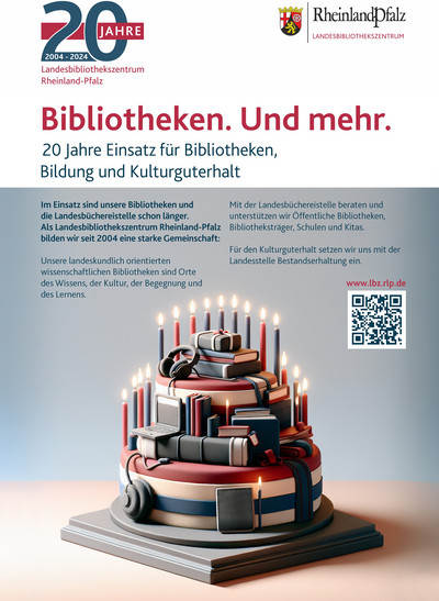 Graphische Darstellung einer Torte aus Büchern und Medien mit 20 Kerzen