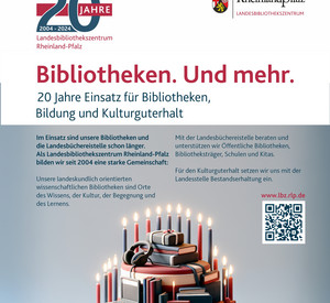 Graphische Darstellung einer Torte aus Büchern und Medien mit 20 Kerzen