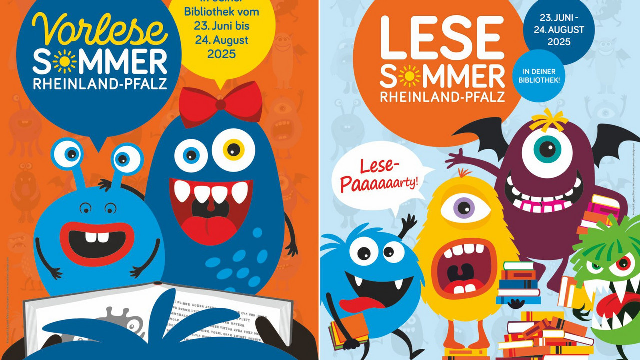 Zwei Plakatmotive, darauf sind bunte grafische Monster zu sehen