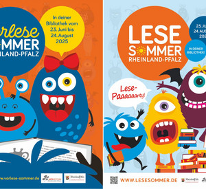 Zwei Plakatmotive, darauf sind bunte grafische Monster zu sehen