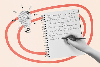 Handwriting in a notebook with paper lightbulb symbolizing a writing idea or inspiration. Taking notes with pencil, creative copywriting collage concept.