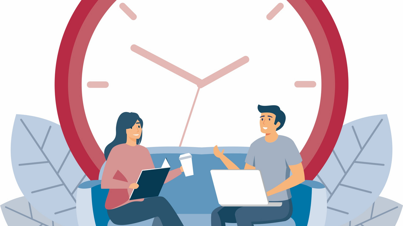 Grafische Abbildung Personen sitzen auf einem Sofa, eine Übergroße Uhr im Hintergrund