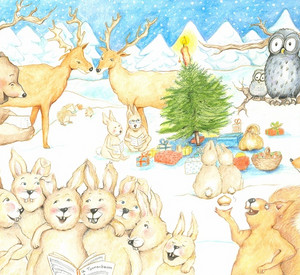 Illustration verschiedener Waldtiere, die gemeinsam Weihnachten feiern