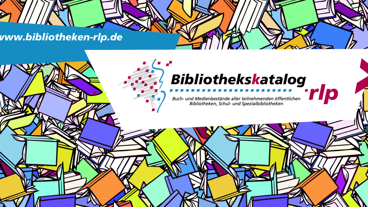 Logo des Bibliothekskatalogs im Hintergrund verschieden farbige Bücher
