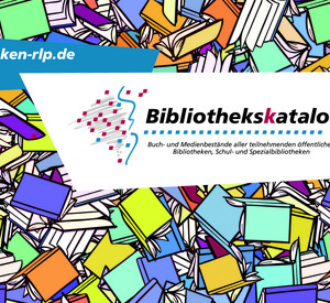 Logo des Bibliothekskatalogs im Hintergrund verschieden farbige Bücher