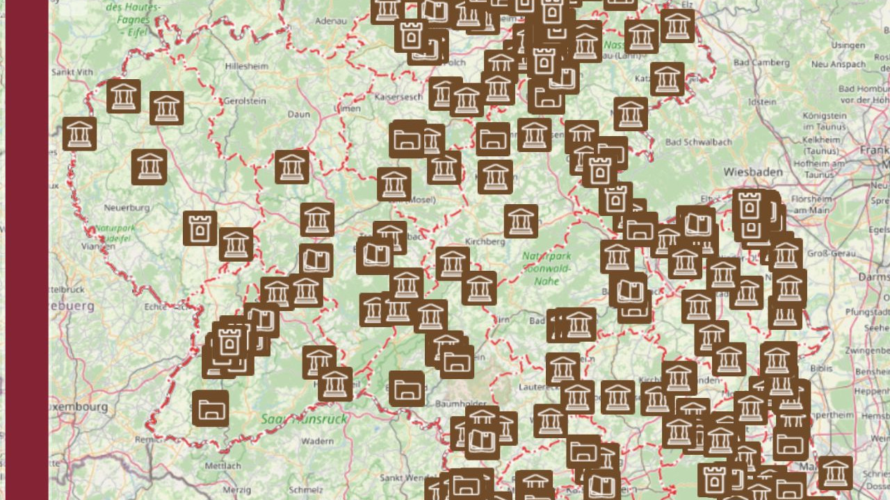 Karte Rheinland-Pfalz mit eingetragenen Punkten, wo sich Einrichtungen befinden, welche Kulturgüter bewahren