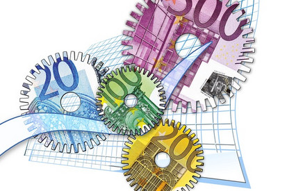 Grafische Darstellung von Zahnrädern mit Eurogeldscheinen