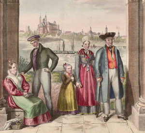 Historische Darstellung mit einer Menschengruppe in Kleidung aus dem 19. Jahrhundert, im Hintergrund der Dom zu Speyer