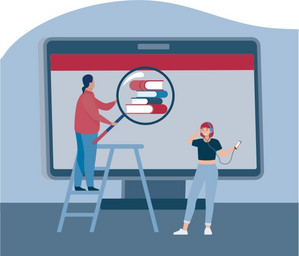 Person mit Lupe vor einem Bildschirm sucht Bücher