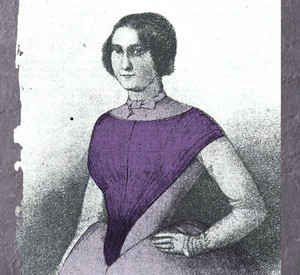 Bildcollage aus schwarz-weiß Portrait von Mathilde Hitzfeld und Violette Farbflächen