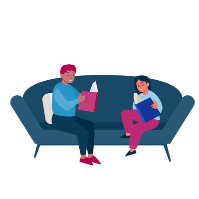 Grafik, zwei Kinder mit Büchern in den Händen sitzen auf einem Sofa
