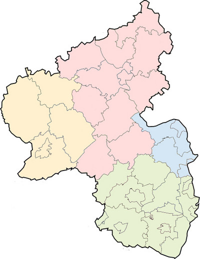 Farblich markierte Flächen in einer Rheinland-Pfalz-Karte
