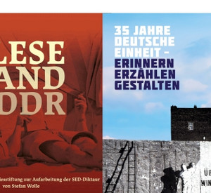 Plakatmotive Ausstellung "Leseland DDR" und Podiumsgespräch "35 Jahre deutsche Einheit"
