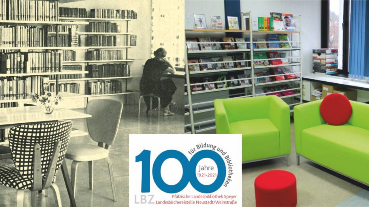 Bildcollage, links Ansicht Landesbüchereistelle 1956, rechts Ansicht Landesbüchereistelle heute, Miotte: Logo 100 Jahre für Bildung und Bibliotheken