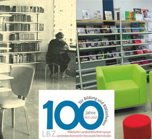 Bildcollage, links Ansicht Landesbüchereistelle 1956, rechts Ansicht Landesbüchereistelle heute, Miotte: Logo 100 Jahre für Bildung und Bibliotheken