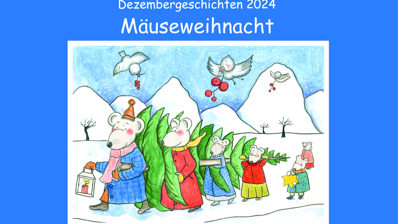 Zeichnung; Mäuse trägen einen Weihnachtsbaum