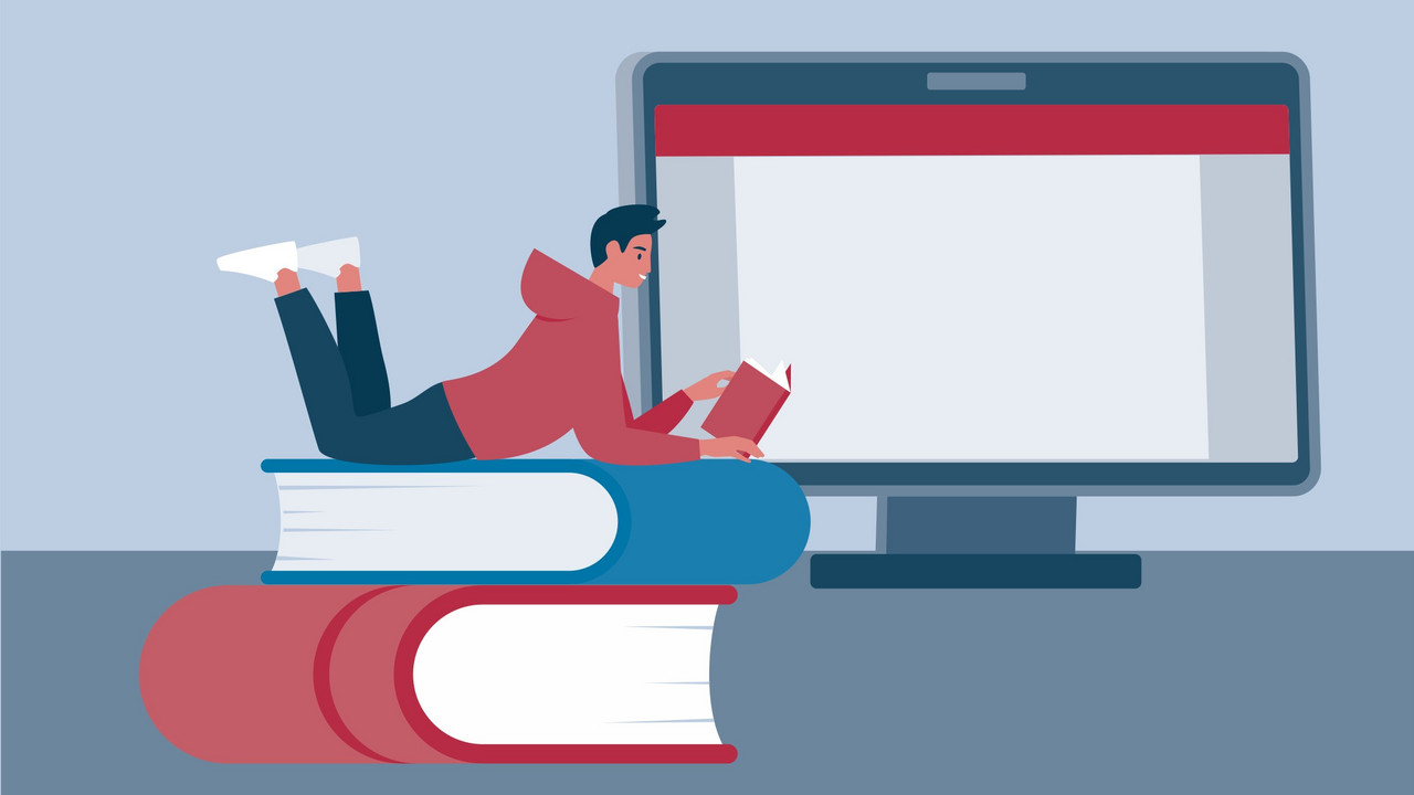 Grafische Darstellung; Lesende Person auf Bücherstapel im Hintergrund ein PC