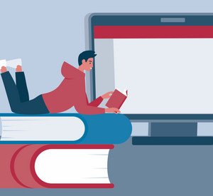 Grafische Darstellung; Lesende Person auf Bücherstapel im Hintergrund ein PC