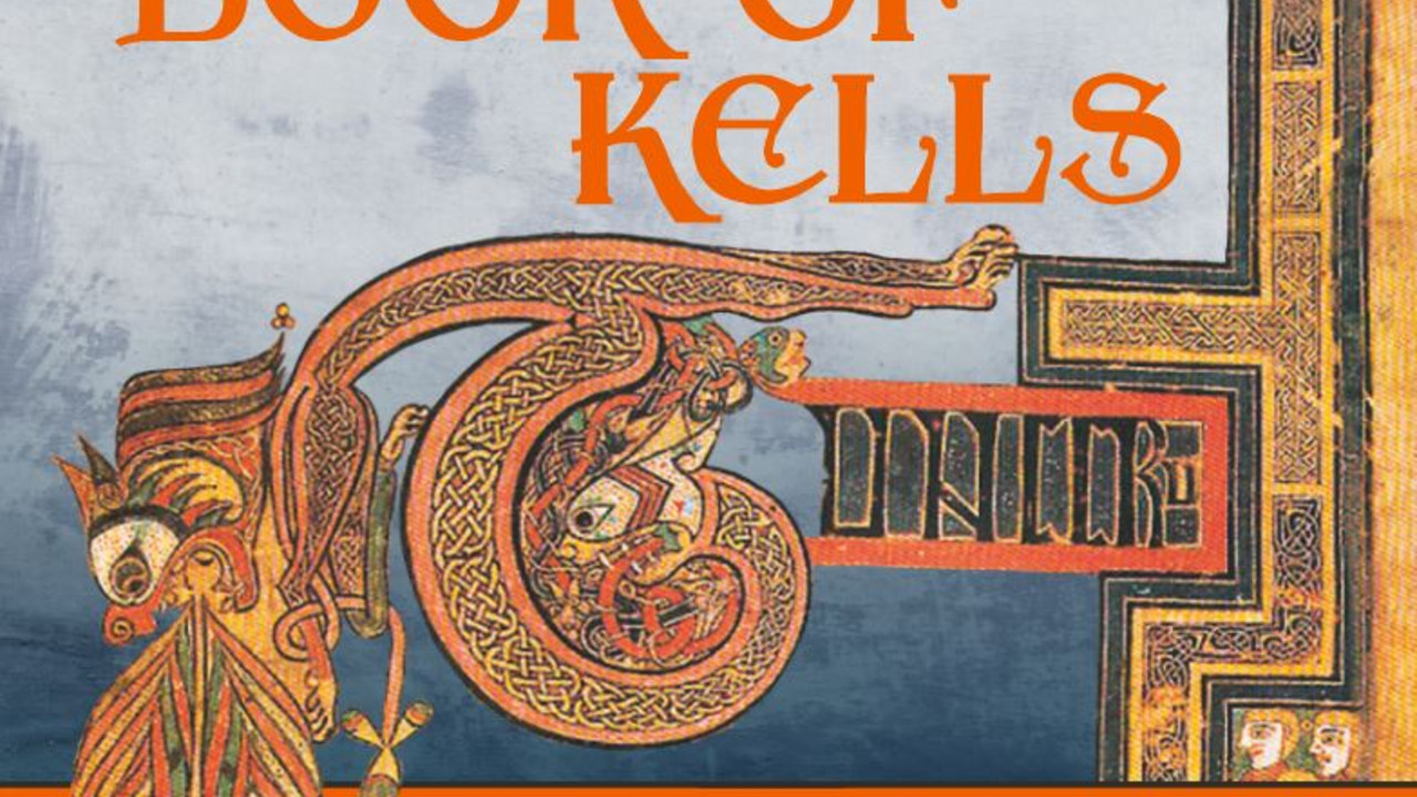 Collage aus Text (Irlans Book of Kells) und Bild, Ausschnitt aus Malerei aus dem Book of Kells, Orange und Blau