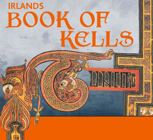 Collage aus Text (Irlans Book of Kells) und Bild, Ausschnitt aus Malerei aus dem Book of Kells, Orange und Blau