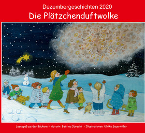 Zeichnung mit Kindern im Schnee, im Himmel eine Plätzchenwolke