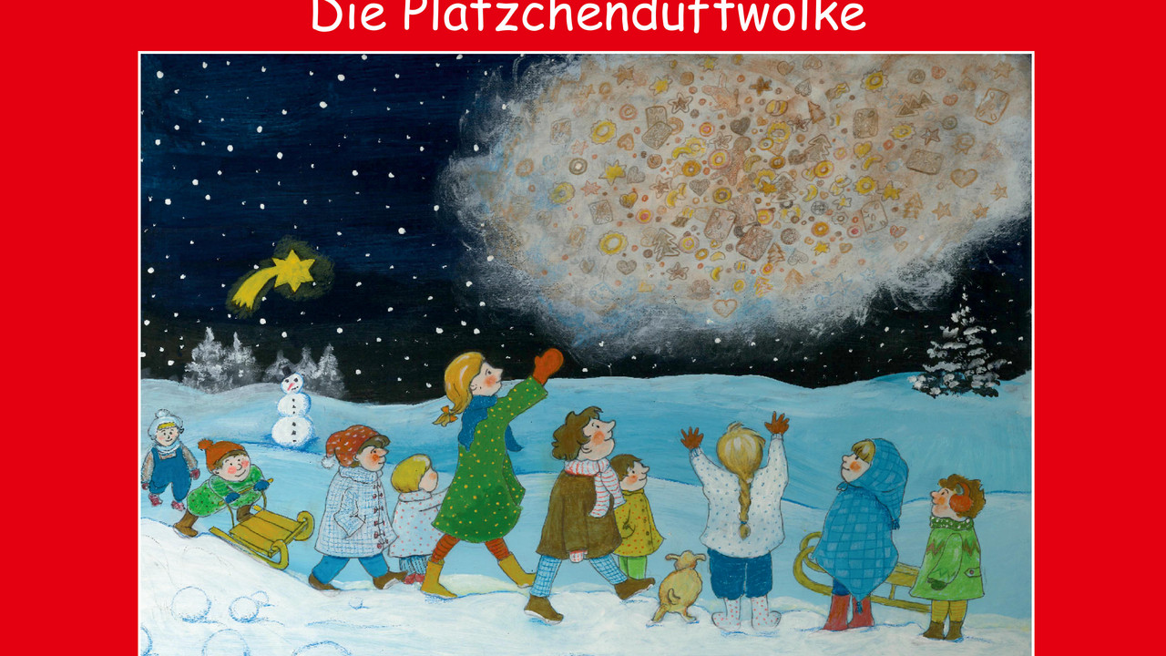 Zeichnung mit Kindern im Schnee, im Himmel eine Plätzchenwolke