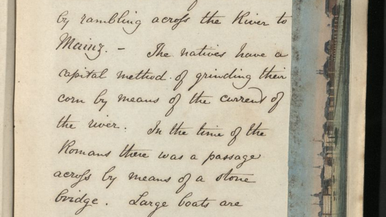 Seite mit handschriftlichem Text und Abbildung der Stadtsilouette von Koblenz