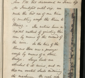 Seite mit handschriftlichem Text und Abbildung der Stadtsilouette von Koblenz