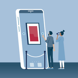 Grafische Darstellung; Smartphone als Galerie, davor stehen Personen und betrachten den Bildschirm