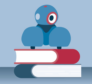 Grafische Darstellung eines Robo Dash auf einem Bücherstabel