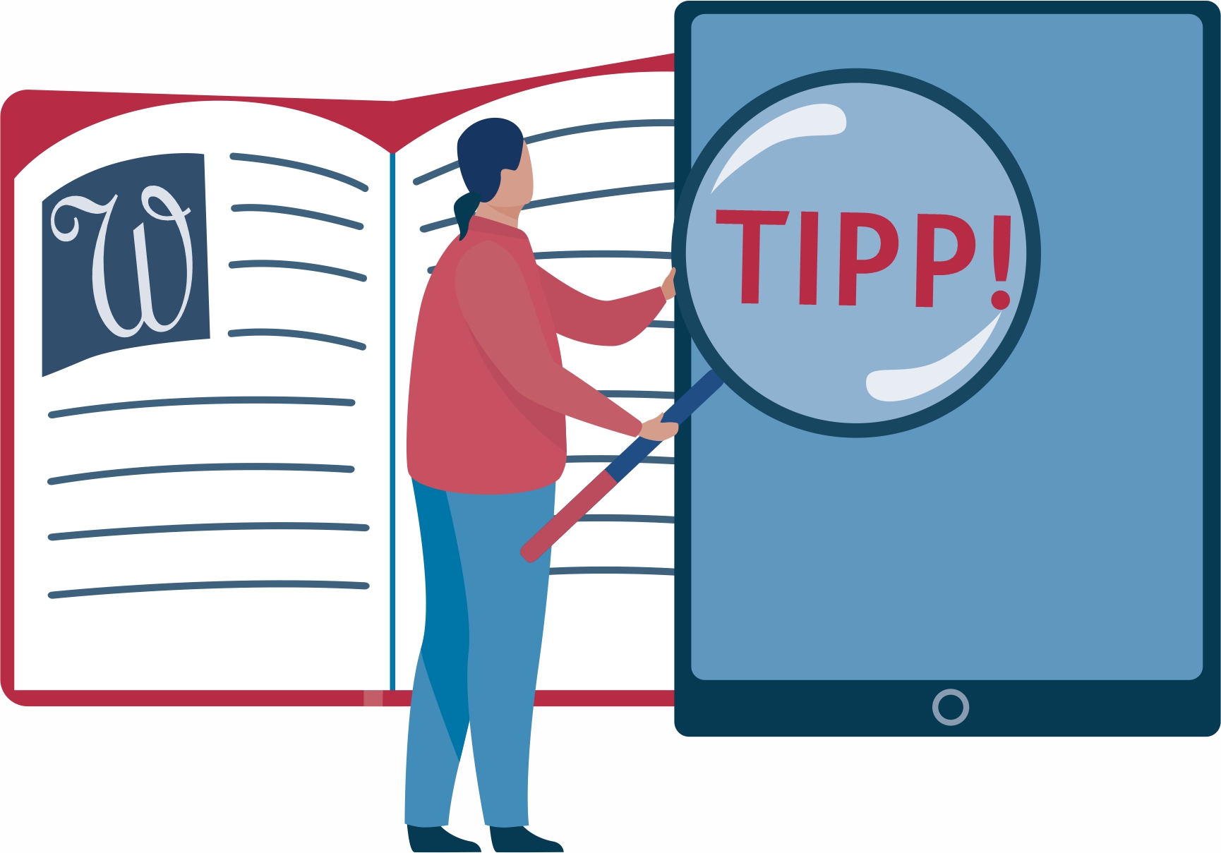 Grafische Darstellung; Person mit Lupe in der Hand im Hintergrund ein Buch und ein Tablet